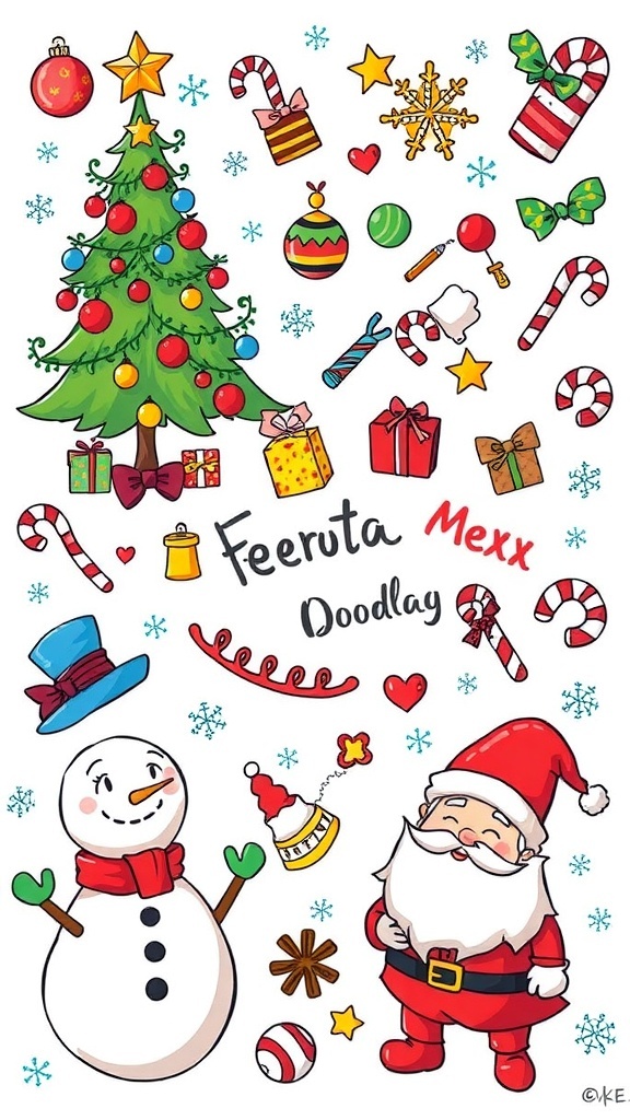 A variety of Christmas doodles featuring a tree, snowman, and Santa in vibrant colors.